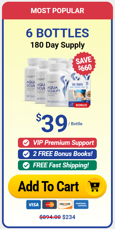 Most popular: 6 bottles, 180 day supply – $39 per bottle, total $234, 2 free bonus books, free fast shipping. Add to cart.